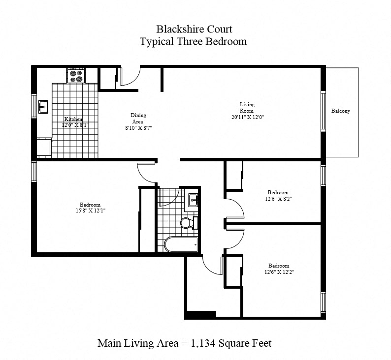 Floor plan for 3 beds, 1 bath, 1134 sqft